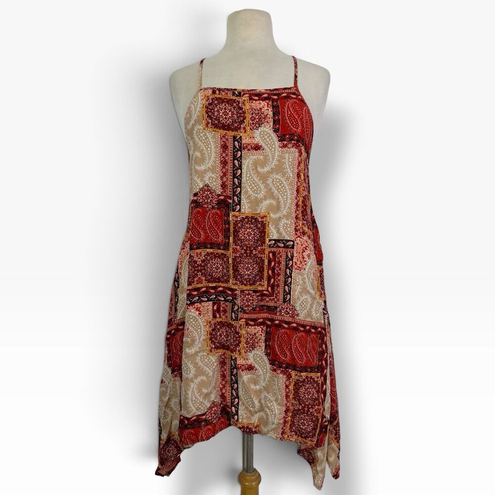 Boho Patchwork Handkerchief Hem Slip Dress Midi Red Cream Paisley Festival XL